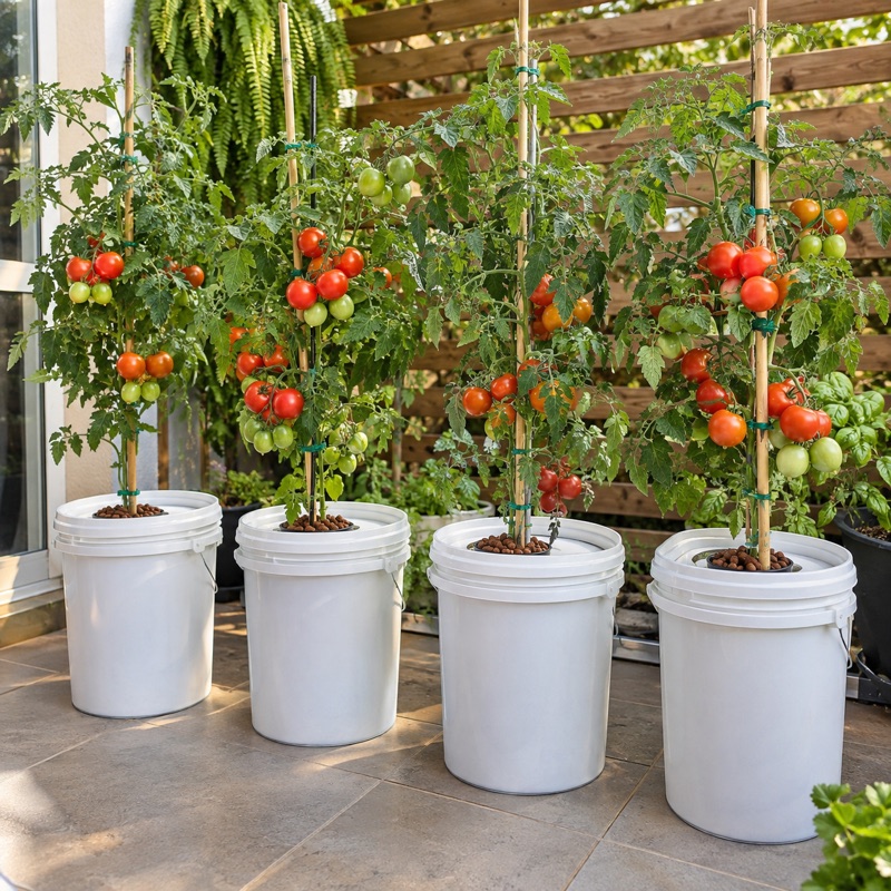 Quatro baldes com tomateiros amarrados no tutor e tomates maduros