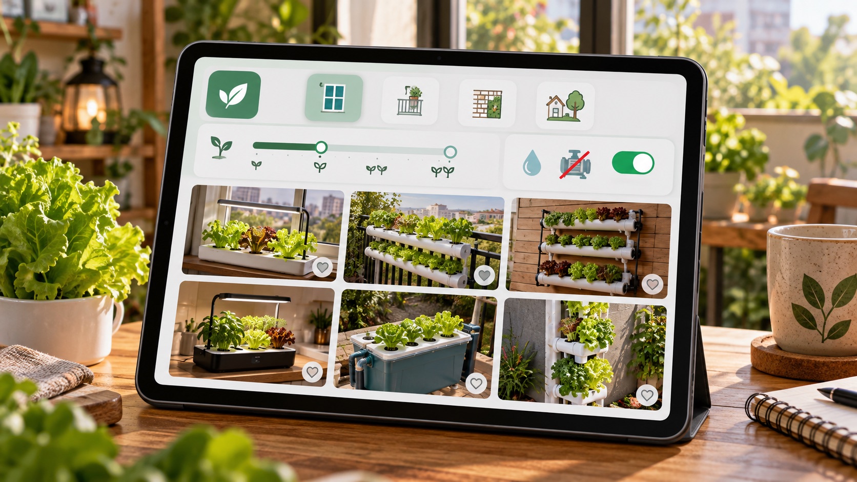 Tela de filtros do app por espaço, quantidade de plantas e sem bomba